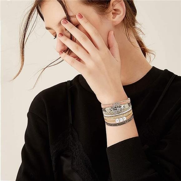 Leather Cuff Bracelet Set with Crystal Feather Tree, Women's Magnetic Clasp Wrap - Picture 1 of 6